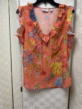 Coral Floral Ruffle V-Neck Sleeveless Top Sweet Pea Ny & Co Medium